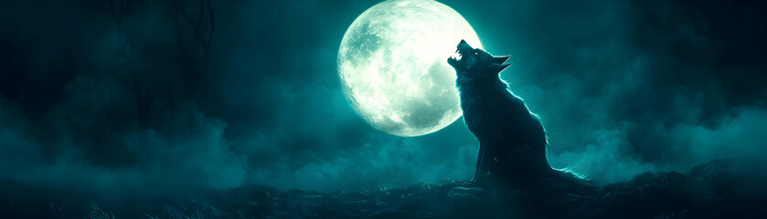 Wall Mural - Glowing Abstract Werewolf Howling concept as A dynamic glowing abstract digital art featuring a werewolf howling at a glowing moon. The scene is perfect for Halloween ads promoting horror themed event