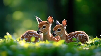 Two adorable fawns resting in lush greenery, illuminated by soft sunlight, creating a serene and enchanting wildlife scene.