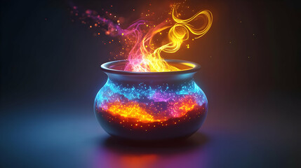 Wall Mural - 3D Glowing Abstract Witchs Brew concept as A vibrant glowing abstract digital art depicting a witchs brew bubbling in a cauldron with swirling magical lights. The scene is ideal for Halloween ads prom