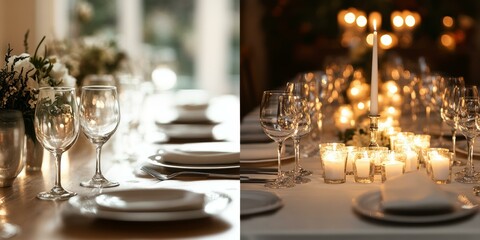 Wall Mural - Candlelit table setting with wine glasses and plates.