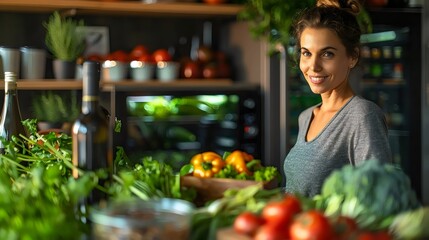 A woman is smiling and standing in front of a table full of vegetables