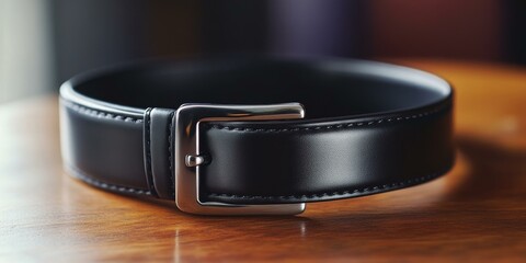 Black leather belt with silver buckle on wood.