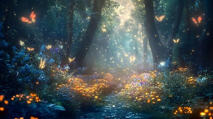 Enchanted forest with glowing flowers ethereal creatures dreamlike mystical atmosphere