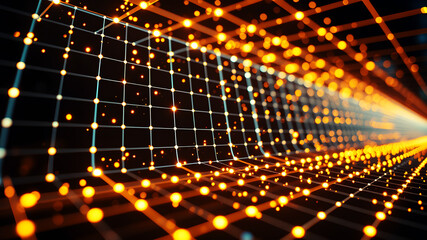 Wall Mural - An abstract 3D grid with luminous lines and glowing nodes, creating a sense of depth and motion.