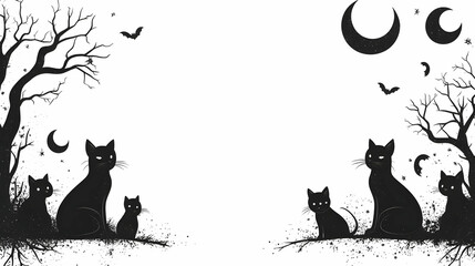 Wall Mural - 3D Black Cat and Moon Border with Mystic Text concept as A sleek border frame featuring black cats and crescent moons around the edges with the word Mystic in an elegant mysterious font. The design in