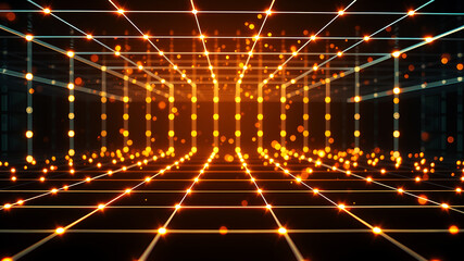 Wall Mural - an abstract 3d grid with luminous lines and glowing nodes, creating a sense of depth and motion.