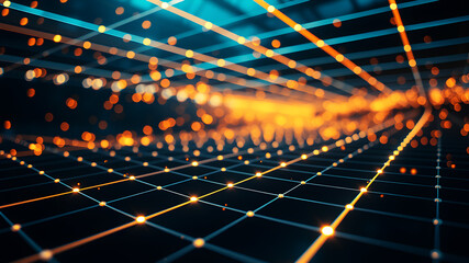 Wall Mural - An abstract 3D grid with luminous lines and glowing nodes, creating a sense of depth and motion.