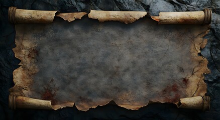 Wall Mural - A realistic old blank antique paper scroll with visible frayed edges with enough copy space for text. The scroll has no text, set against an old background of stone or wood, of history best feeling.