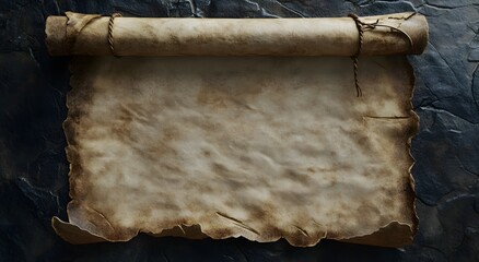 Wall Mural - A realistic old blank antique paper scroll with visible frayed edges with enough copy space for text. The scroll has no text, set against an old background of stone or wood, of history best feeling.