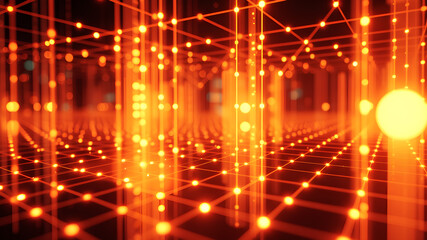 Wall Mural - an abstract 3d grid with luminous lines and glowing nodes, creating a sense of depth and motion.