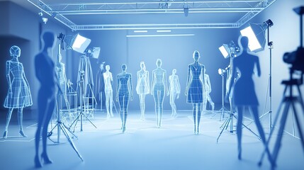 Digital fashion design studio featuring virtual mannequins and photography equipment in a modern workspace