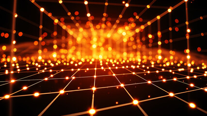 Wall Mural - an abstract 3d grid with luminous lines and glowing nodes, creating a sense of depth and motion.