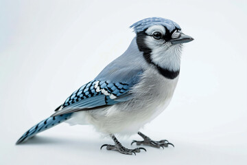 a blue and white bird standing on a white surface