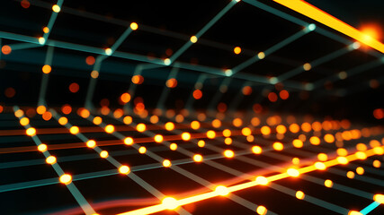 Wall Mural - An abstract 3D grid with luminous lines and glowing nodes, creating a sense of depth and motion.