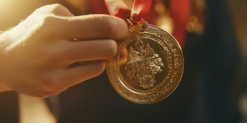 A hand holding a gold medal with a red ribbon.