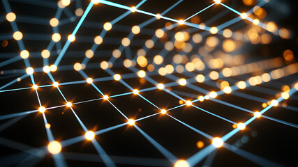 Wall Mural - an abstract 3d grid with luminous lines and glowing nodes, creating a sense of depth and motion.