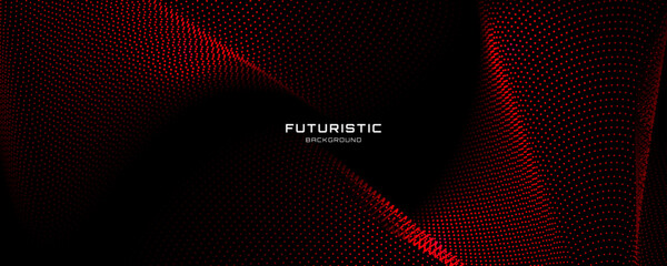 3D red techno background on dark space with dotted lines shape effect decoration. Modern graphic design element with glowing dots waves style concept for web banner, flyer, card, or brochure cover