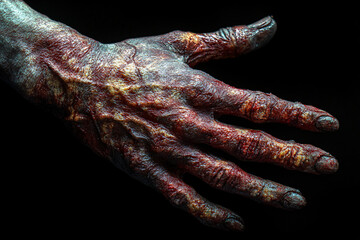 Zombie hands isolated on black background, halloween concept, close up. Suitable for horror-themed events and decorations.