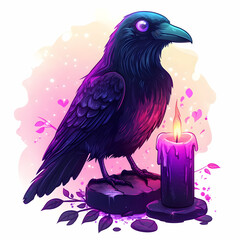 Flat Holographic Raven and Candle with Omen Text concept as A vibrant glowing holographic raven and candle with the word Omen in a gothic spooky font. The design is isolated on a white balance backgro