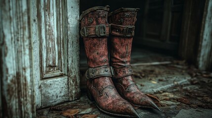 A pair of weathered witch boots stands by an old door, evoking a spooky Halloween atmosphere.