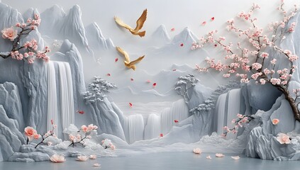 beautiful serene landscape with cherry blossoms and golden birds soaring over a majestic waterfall i