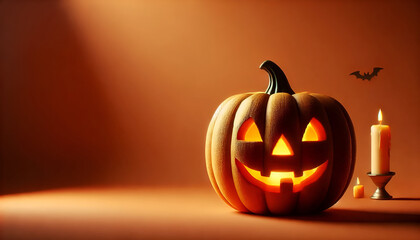 carved halloween pumpkin with a glowing face, isolated on a warm background