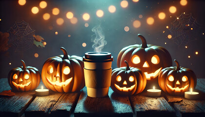 Wall Mural - paper coffee cup surrounded by carved Halloween pumpkins with glowing faces