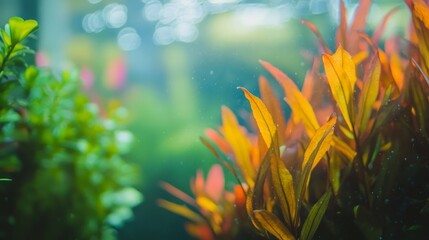 A vibrant underwater scene showcasing colorful aquatic plants and soft lighting.