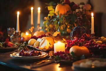 Warm candlelight dinner setting with pumpkins and grapes