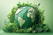 © DilSpace - Papercraft-style globe surrounded by lush green leaves and plants against a green backdrop. For environmental conservation and save earth concepts.
