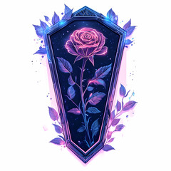 Flat Holographic Coffin and Rose with Eternal Text concept as A sleek holographic coffin and rose with the word Eternal in a sophisticated eerie font. The design is isolated on a white balance backgro