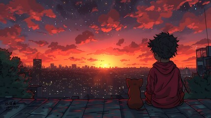 Wall Mural - A cartoon of a boy and his dog sitting quietly on a rooftop, watching the city lights twinkle as the sun sets, the sky painted in warm oranges and deep purples, soft glow from the buildings,