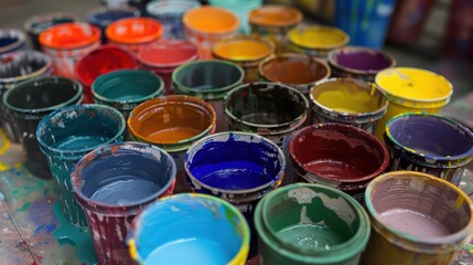 Wall Mural - closeup of multiple rows of paint pots showing various colours 