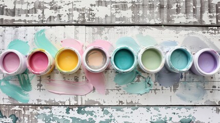 Wall Mural - flatlay of multiple open colorful paint pots displaying paints of pastel colors