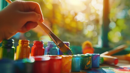 Wall Mural - A close-up of an artist's brush applying paint to colorful wooden toys, symbolizing the creative process in childrens' play and development. 