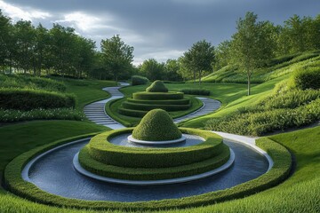 lush green park landscape manicured lawns and sculptural topiary winding paths tranquil atmosphere cutout style with clean edges