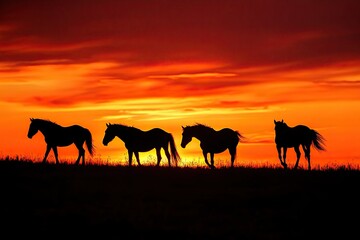 Wall Mural - Silhouette of horses on the American prairie 