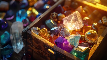 A closeup shot of a big wooden box filled with a bright collection of colorful and shiny gems and precious stones