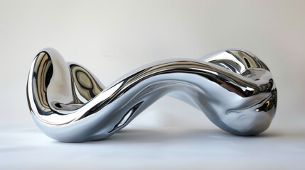 A contemporary fluid chrome sculpture with a shiny, reflective metallic finish, showcasing modern art and design.