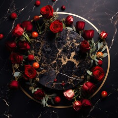 Top view of a dark marble with arrangement of velvety red roses and golden tulips in a circle marble frame. 