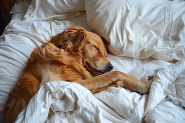 Wall Mural - a dog is sleeping on a bed with white sheets