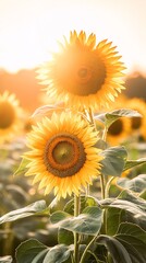 Wall Mural - Two bright yellow sunflowers in a field during sunset with soft light.