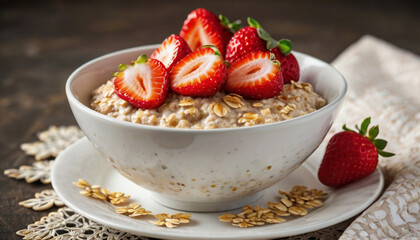 Freshly cooked oatmeal with strawberry pieces in a bowl on the table. Delicious healthy breakfast.