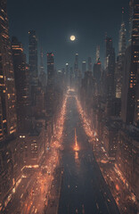 Wall Mural - Giant Moon Over a Misty Urban Nightscape with Skyscrapers