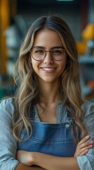 Wall Mural - An appealing young woman telecom engineer with crossed arms and a smile