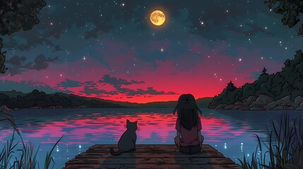 A cartoon of a girl and her cat sitting on a wooden dock by a tranquil lake, the moon shining brightly in the night sky, its reflection shimmering on the calm water,