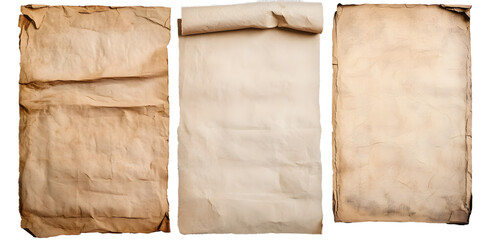 group of Old worn paper sheet isolated on transparent background