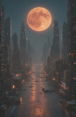 Wall Mural - Giant Moon Over a Misty Urban Nightscape with Skyscrapers