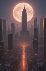 Wall Mural - Giant Moon Over a Misty Urban Nightscape with Skyscrapers