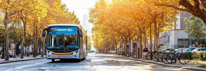 Sticker - A city street bustling with eco-friendly transportation options, including electric buses, bike-sharing stations, and electric car rentals, demonstrates a strong commitment to sustainability. illus